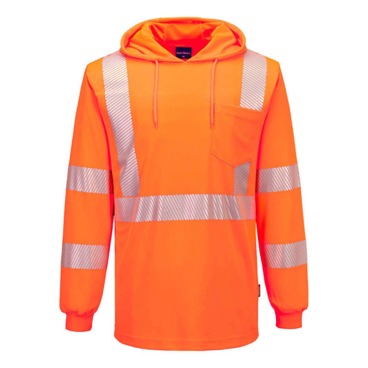 A Hi-Vis lightweight hooded long-sleeve T-shirt in bright orange with reflective stripes and a pocket.