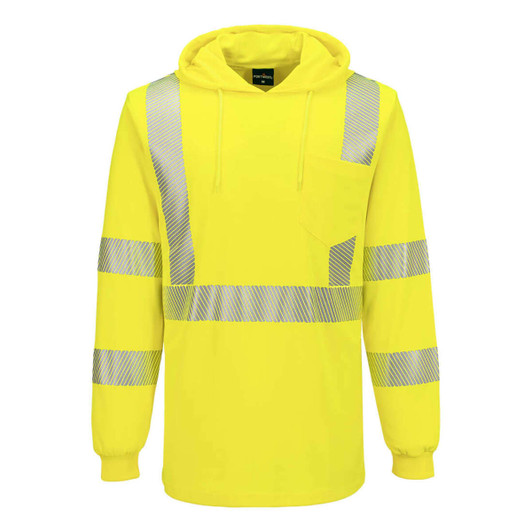 A bright yellow lightweight hooded T-shirt with reflective stripes and a pocket. It has a hood and long sleeves.