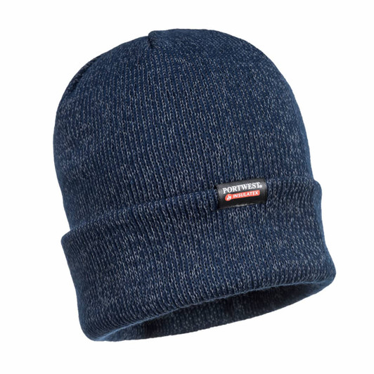 A navy blue knitted beanie featuring a folded cuff and a small logo tag.