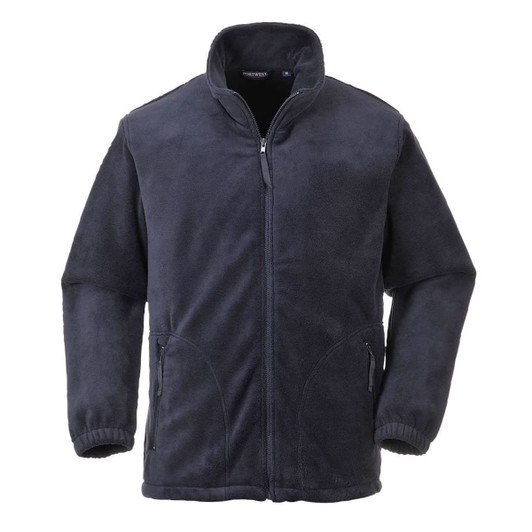 A navy blue polar fleece jacket featuring a zip front and side pockets, with a collar and elasticated cuffs.