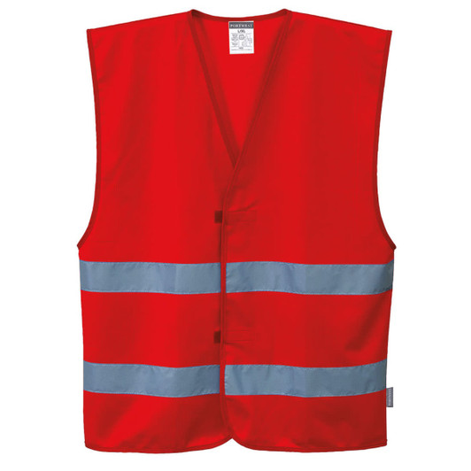 A red safety vest featuring two reflective bands and a front opening. It has a logo on the label.