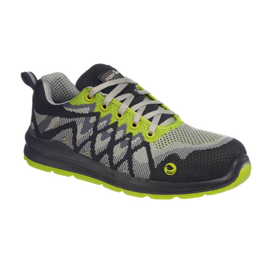 A black and lime safety shoe with a breathable upper and a sturdy sole, featuring a logo on the side.