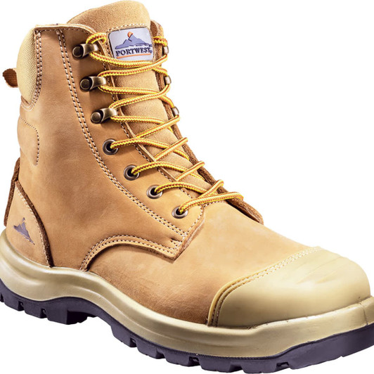 A tan safety boot with yellow laces and a protective toe cap, featuring branding on the side.