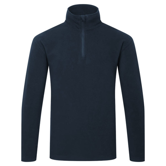 A navy pullover fleece jumper with a high collar and a zippered neck. It has long sleeves and a plain design.