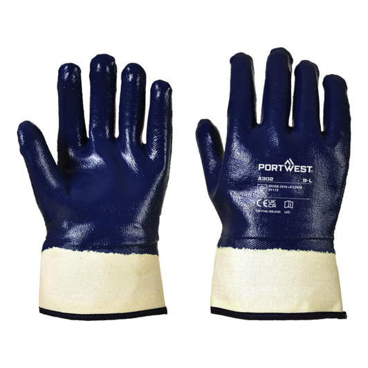 A pair of blue nitrile safety gloves with a beige cuff, featuring a logo and certification markings.