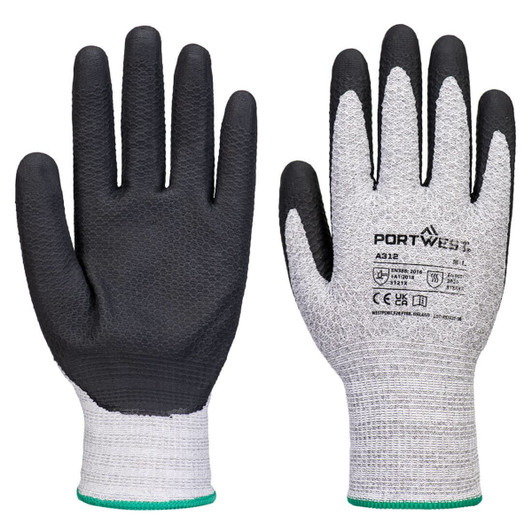 A pair of black and grey gloves with a textured finish and a white cuff, featuring a logo.