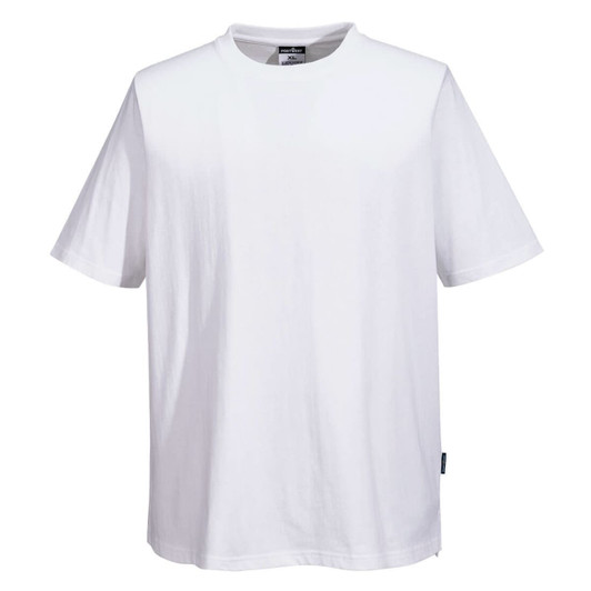 A white short-sleeved cotton t-shirt with a relaxed fit and a logo on the side.