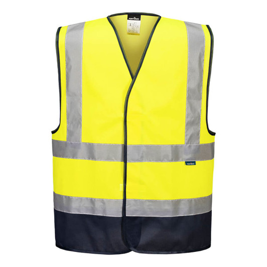 A bright yellow hi-vis vest with navy contrast and reflective strips, featuring a logo on the side.