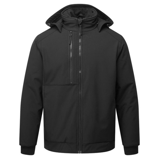 A black insulated softshell jacket featuring a zippered front and a high collar, with a logo on the chest.