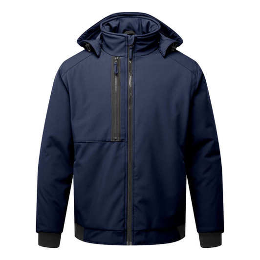 A navy blue insulated softshell jacket with a hood and zippered front pockets. It features a logo on the chest area.