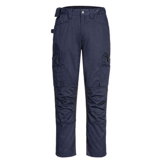 Navy blue eco stretch trade pants featuring multiple pockets and a fitted design, with a branding logo present.