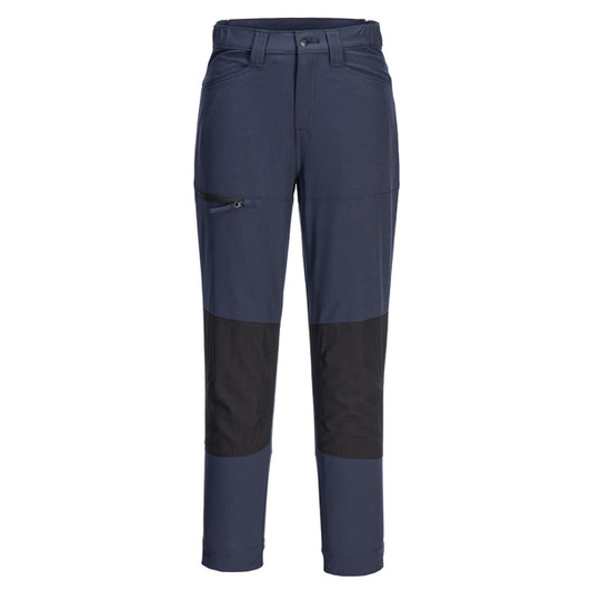 A pair of women's stretch work pants in navy blue with black panel accents and a zippered pocket.