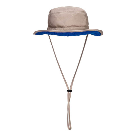 A beige hat with a blue inner lining and a chin strap. It has a wide brim for sun protection.