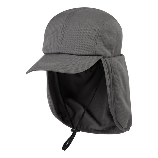 A grey cooling cap with a wide brim and neck flap, featuring a logo on the side.