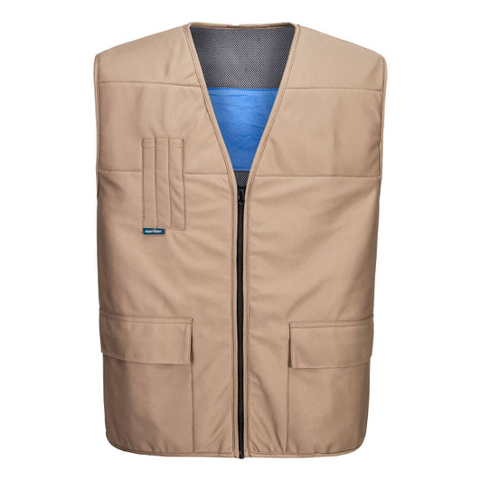 A tan Cooling Vest featuring a front zipper, mesh lining, and two pockets. The interior is a contrasting blue.