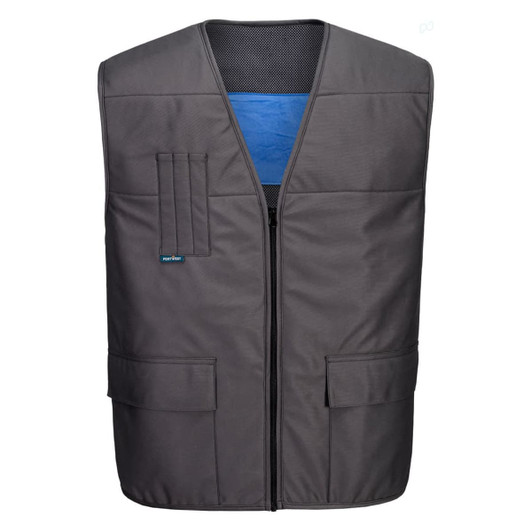 A grey cooling vest with a blue interior, featuring pockets and a front zip closure. It has a logo on it.