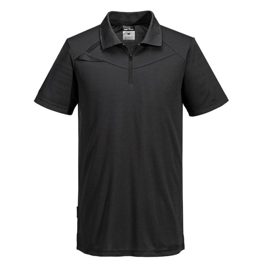 A black short-sleeve polo shirt with a zip collar, featuring a logo on the chest.