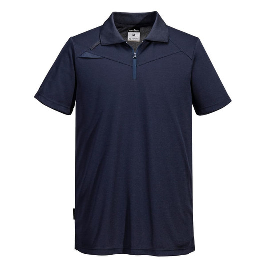 A navy blue short-sleeved polo shirt featuring a zip collar and a logo on the chest.