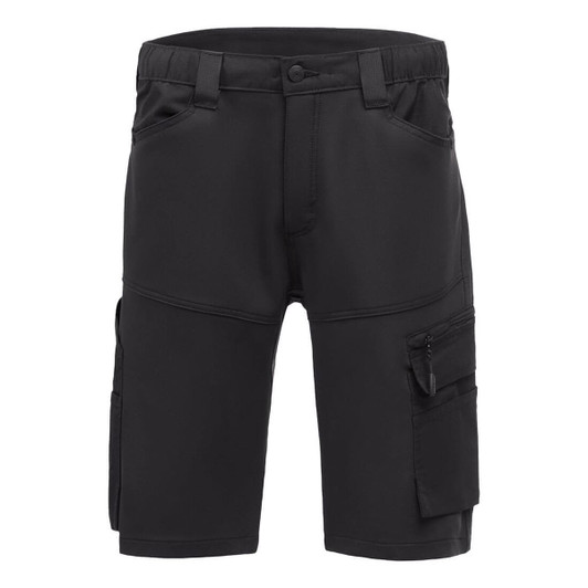 Black trade shorts featuring multiple pockets and a zip closure, designed for practicality and comfort.