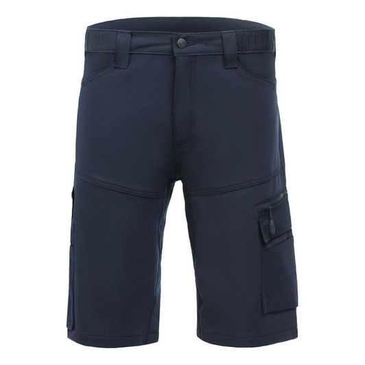 Navy blue trade shorts with multiple pockets and a zippered compartment. Features a logo on the waist.
