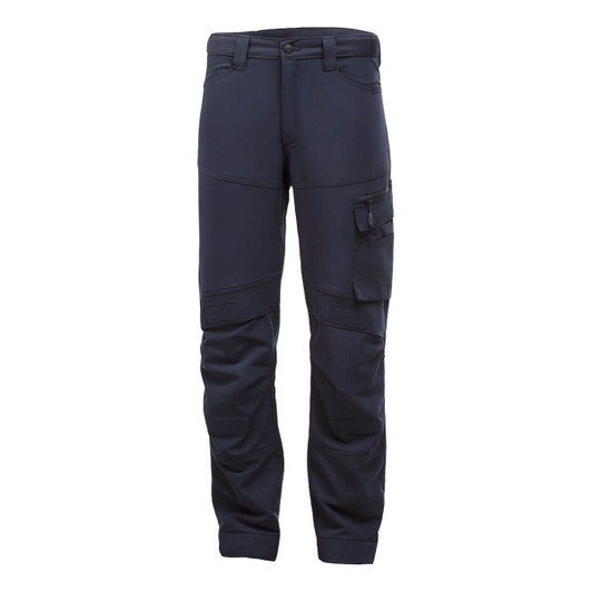 Dark navy trade pants with multiple pockets and a fitted design. Features stitching detailing and a logo.