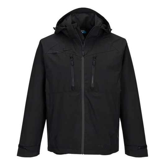 A black rain jacket featuring a hood, two zippered pockets, and adjustable cuffs. It has a logo on the front.