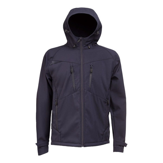 A navy softshell jacket with a hood, featuring zippered pockets and a sleek design. It has a logo on the front.