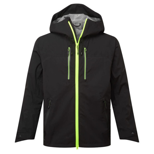 A black shell jacket with a zippered front and bright green accents, featuring a hood and multiple pockets.