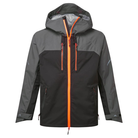 A black and grey shell jacket with an orange zipper and accents, featuring a hood and multiple pockets.