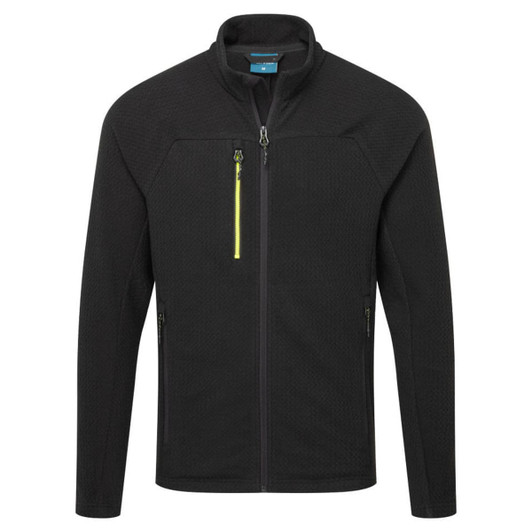 A black textured fleece jacket featuring a zip front, stand-up collar, and a yellow zip detail on the chest.