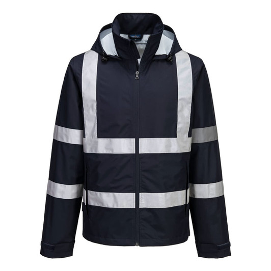 A lightweight, packable rain jacket in navy with reflective stripes and a hood, featuring a logo.