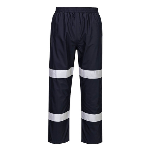 Navy lightweight packable trousers with reflective white stripes and an elasticated waistband. Branding is visible on the garment.