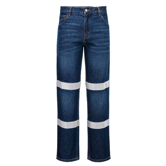 A pair of blue denim jeans featuring white reflective strips and a standard five-pocket design.