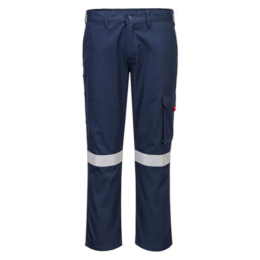 Navy blue cargo pants with reflective tape, featuring side pockets and a brand logo.