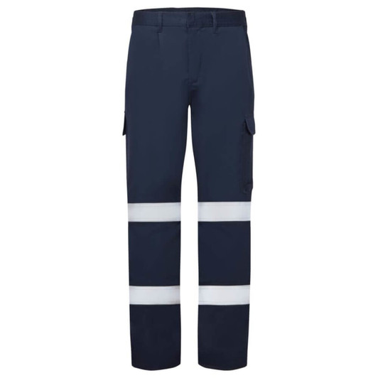 Navy work pants featuring reflective stripes and multiple pockets. Includes a logo on the garment.