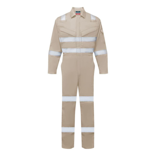 A beige coverall with reflective stripes, featuring long sleeves and a front zip. It has a logo.