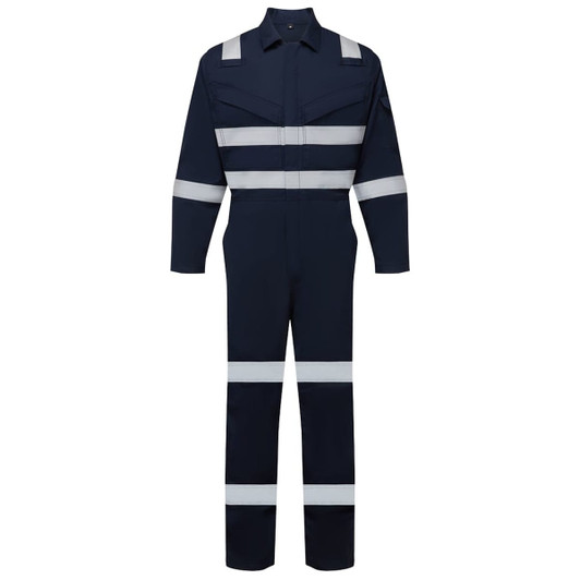 A navy blue coverall featuring reflective stripes, designed for safety wear. Includes a logo on the front chest.