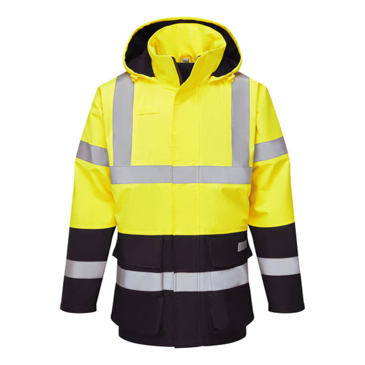A high-visibility jacket featuring bright yellow and black fabric with reflective strips and a hood.