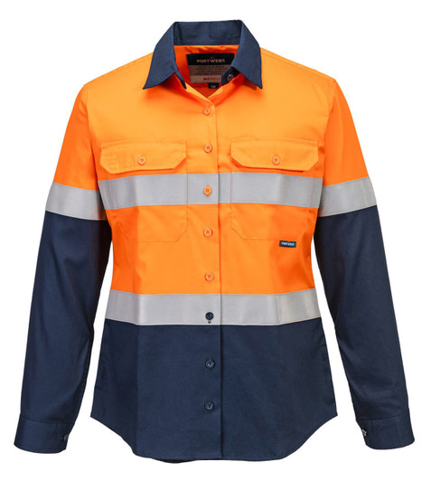 A women's long-sleeved shirt in high-visibility orange and navy, featuring reflective stripes and two front pockets.