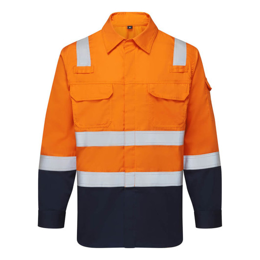 A two-tone work shirt featuring an orange upper section and navy blue lower section, with reflective strips and pockets.