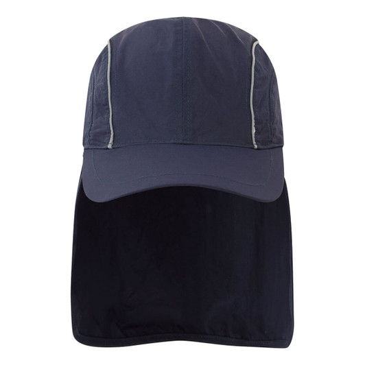 A navy sun cap featuring a wide brim and a neck flap. The cap has reflective detailing and a logo.