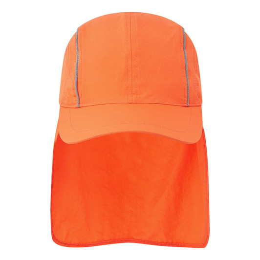 An orange sun cap with a wide brim and a neck flap, featuring stitching details and a logo.