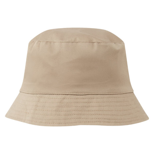 A reversible bucket hat in a neutral beige colour with a subtle textured finish and a branding logo.