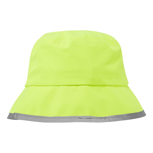 A bright yellow waterproof bucket hat with a grey reflective strip around the brim and a logo on the front.