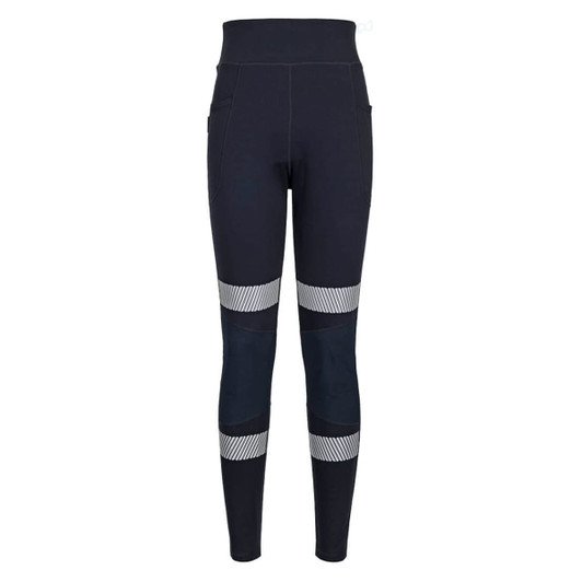 Navy leggings featuring a high waist and contrasting panel details. Includes pockets and a logo branding.