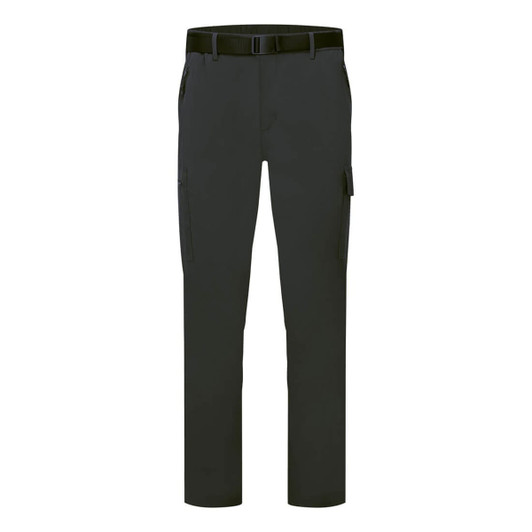 Stretch lightweight combat pants in black, featuring a belt and multiple pockets, with a logo on the side.