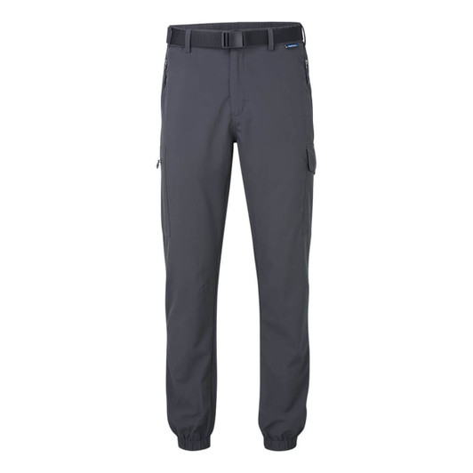 Lightweight cuffed pants in dark grey with side pockets and a belt. Features a logo on the waistband.