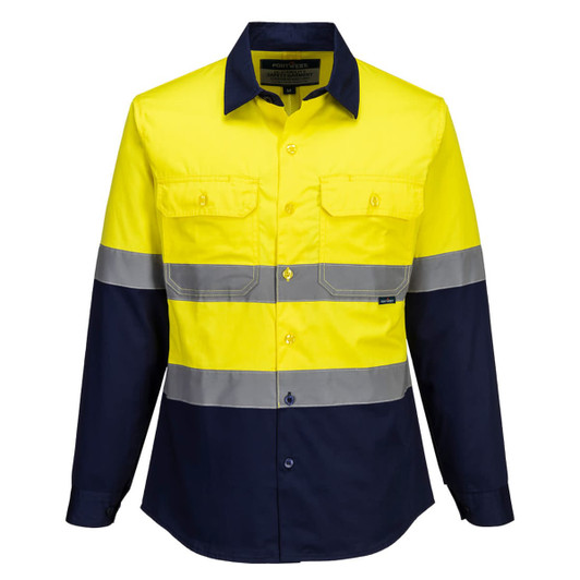 A lightweight long-sleeve shirt in high-visibility yellow and navy, featuring reflective stripes and front pockets.