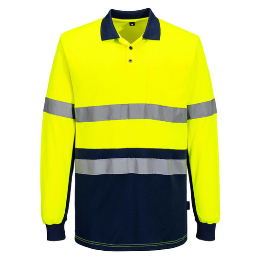 A long-sleeve polo shirt in high-visibility yellow with navy contrast and reflective stripes, featuring a logo.