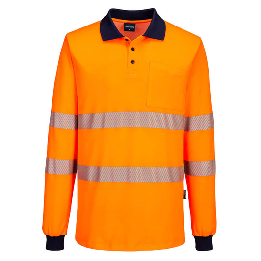 Hi-Vis long-sleeve cotton polo shirt in orange with reflective stripes and a dark blue collar. Includes a chest pocket.